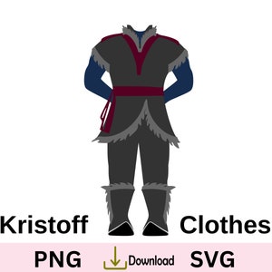 Puede incluir: Ilustración digital del atuendo de Kristoff de la película Frozen. El disfraz incluye una túnica gris oscuro con ribete de piel sintética, una faja burdeos, pantalones grises oscuros y botas a juego. El texto "Kristoff Clothes" está en la parte inferior.