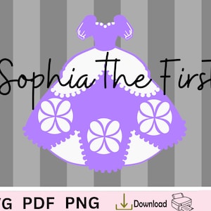 May include: Purple and white princess dress with the text "Sophia the First" in black script.