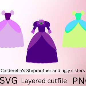 Belle-mère maléfique et belles-sœurs laides de Cendrillon, robes de bal, famille Cendrillon SVG, méchant méchant SVG, PNG