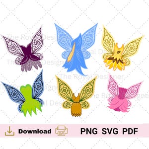 May include: Six colorful butterfly designs in purple, blue, yellow, green, and pink. Each butterfly has intricate wing patterns. The image includes the text "Download" and file type options: PNG, SVG, and PDF.