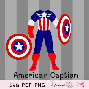 Super-herói Capitão Americano SVG, O Vingador Star-Spangled American Shield Man SVG O Defensor Vermelho, Branco e Azul. Escudo Americano