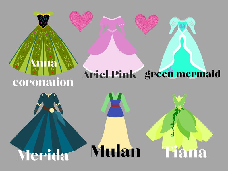 Może przedstawiać: Ilustracja sześciu księżniczek Disneya w ich kultowych sukniach. Księżniczkami są Anna, Ariel, Mulan, Tiana, Merida i Mała Syrenka. Każda księżniczka jest oznaczona swoim imieniem i nazwą sukni.