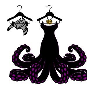 May include: A black dress with a seashell necklace hanging on a black hanger. The dress is shaped like an octopus with purple tentacles.