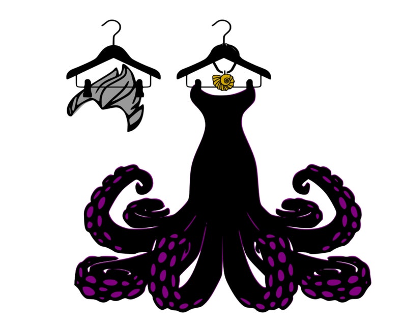 May include: A black dress with a seashell necklace hanging on a black hanger. The dress is shaped like an octopus with purple tentacles.