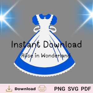 Robe d'Alice au pays des merveilles SVG, décoration de petit gâteau Alice et décoration de fête. T-shirt ou tasse Alice. Robe Alice SVG et PNG