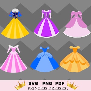 Prinsessenjurk SVG, fancy feestjurk, verjaardag cupcake toppers, klein meisjesfeestje. 6 jurken. Princess T-shirt of Papercraft