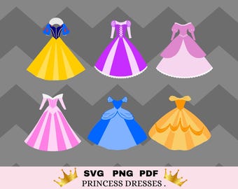 Princess Dress SVG, Fancy party dress, Birthday Cupcake toppers, little girl party.  6 dresses. Princess T-shirt or Papercraft