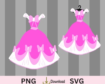 May include: A pink princess dress with white trim and pink bows. The dress is on a hanger and has a white background.