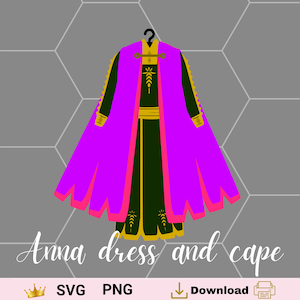 Peut inclure: Une cape violette et rose avec une bordure dorée et une robe assortie. La robe a un corsage vert et un motif doré. La cape et la robe sont suspendues à un cintre. Le texte "Anna dress and cape" est écrit sous l'image.