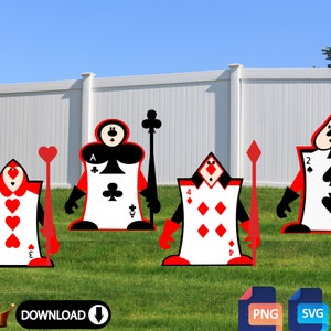 Alice in Wonderland Card Soldier Yard Borden voor feesten en decoraties in SVG-, PNG- en pdf-indeling. Schoppen, klaveren, ruiten Hartenvrouw.