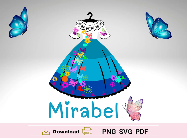 May include: A blue and white dress with a butterfly design and the word "Mirabel" printed below. The dress has a white bodice with colorful butterflies and a blue skirt with colorful flowers and butterflies.