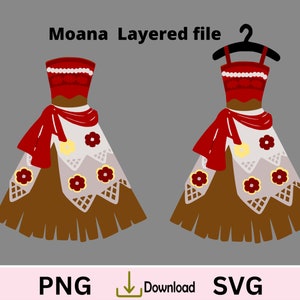 Vestido em camadas Moana, vestido de princesa Moana, presente de aniversário Moana, princesa SVG, cartão de aniversário de princesa