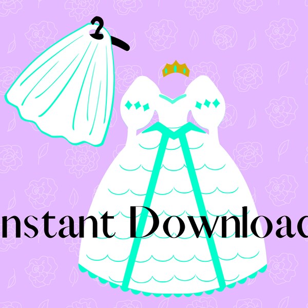 Princess Dress SVG, Princess Ariel Wedding dress with Vail.  Princess Birthday Banner, cake topper