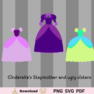 Robes de princesse en papier avec les méchantes demi-soeurs de Cendrillon et Lady Tremaine - SVG, PNG, PDF, robes de bal en papier, fête des méchants