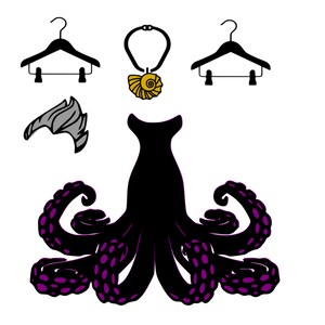 May include: A black octopus costume with purple tentacles and a seashell necklace. The costume includes a black dress, a grey fin, and two black hangers.