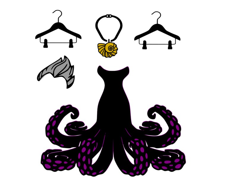 May include: A black octopus costume with purple tentacles and a seashell necklace. The costume includes a black dress, a grey fin, and two black hangers.