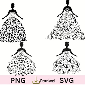 Vestido de novia SVG, vestido de encaje, vestido de princesa. Elegante. Arte mural de princesa, vestido de novia con caja de sombras