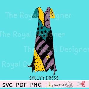 Puede incluir: Ilustración colorida del vestido de Sally de Pesadilla antes de Navidad. El vestido presenta un diseño de patchwork con varios patrones y colores, incluyendo amarillo, verde azulado, negro y morado. El texto "SALLY'S DRESS" está debajo.