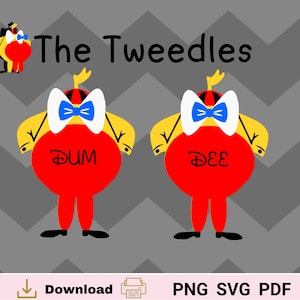 May include: Two cartoon characters, Dum and Dee, from the Disney movie Alice in Wonderland. They are both wearing red and yellow outfits with blue bow ties. The text "The Tweedles" is above them.