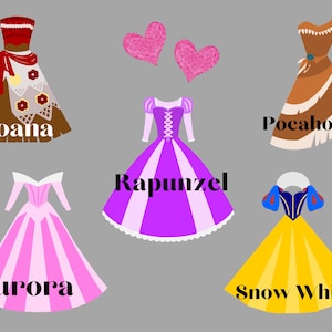 Może przedstawiać: Ilustracja pięciu księżniczek Disneya w ich charakterystycznych sukniach. Moana ma na sobie brązową suknię z czerwonymi akcentami, Rapunzel ma na sobie fioletową i białą suknię, Aurora ma na sobie r&oacute;żową i białą suknię, Śnieżka ma na sobie ż&oacute;łtą suknię z niebieskimi akcentami, a Pocahontas ma na sobie brązową suknię z frędzlami.