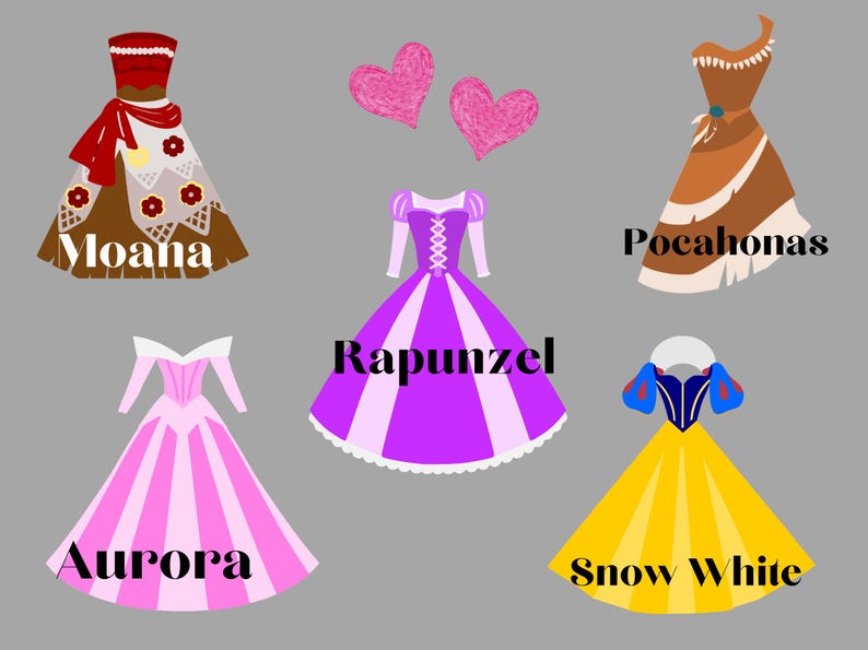 Może przedstawiać: Ilustracja pięciu księżniczek Disneya w ich charakterystycznych sukniach. Moana ma na sobie brązową suknię z czerwonymi akcentami, Rapunzel ma na sobie fioletową i białą suknię, Aurora ma na sobie r&oacute;żową i białą suknię, Śnieżka ma na sobie ż&oacute;łtą suknię z niebieskimi akcentami, a Pocahontas ma na sobie brązową suknię z frędzlami.