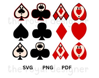 May include: A collection of twelve playing card suit icons arranged in three rows. The set includes spades, clubs, diamonds, and hearts in solid black and red, alongside stylized versions with faces and the text the royal designer, SVG, PNG, PDF.