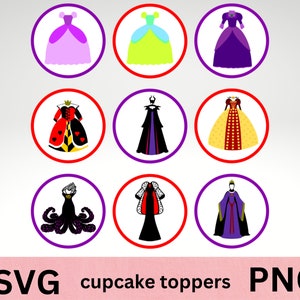Décorations pour cupcakes Villian. Hauts de forme ronds princesse méchante. SVG, PNG