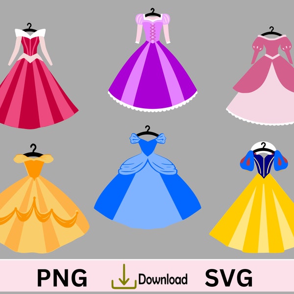 Princess Dress SVG, Fancy party dress, Birthday Cupcake toppers, little girl party.  6 dresses. Princess T-shirt or Papercraft