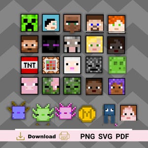 Mine Craft Patterns. 26 block designs, Themed video game parties. Digital pixelated block designs. Block heads
