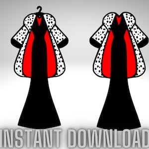 May include: Illustration of a black dress with a red interior and a white and black spotted coat. The image includes the text "INSTANT DOWNLOAD". The dress is hanging on a hanger in one image and displayed without a hanger in the other.