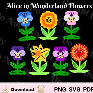 Alice im Wunderland Digitale Blumen mit Gesichtern | Perfekt für ONEderland Parties, Alice Kollektionen, Blumen SVG, Flower Yard Art.