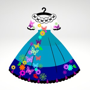 May include: A blue and white dress with a butterfly and flower design. The dress has a white bodice with black butterflies and a blue skirt with colorful butterflies and flowers.