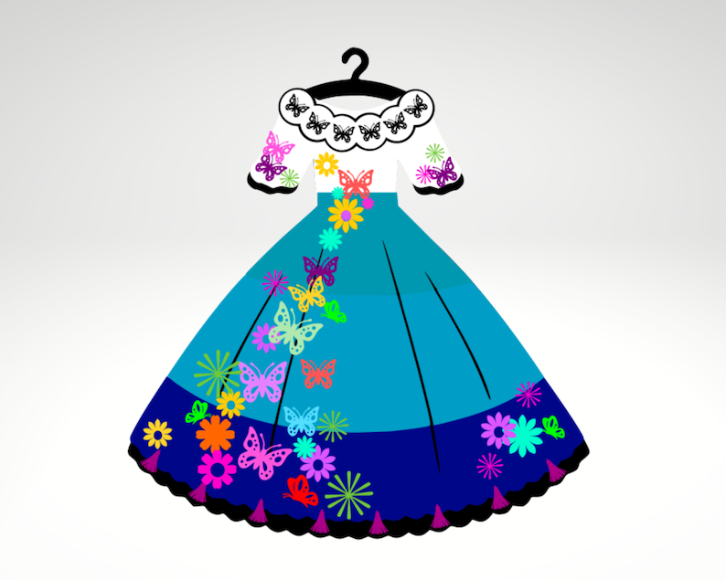 May include: A blue and white dress with a butterfly and flower design. The dress has a white bodice with black butterflies and a blue skirt with colorful butterflies and flowers.