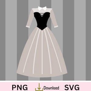 May include: A white and black princess dress with a black bodice and a white skirt. The dress has a white collar and long sleeves.