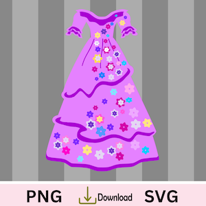 May include: A purple dress with a ruffled skirt and colorful flower designs. The dress has short sleeves and a scoop neckline.