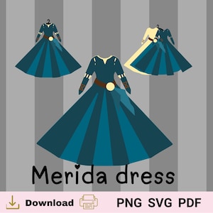 以下が含まれることがあります： 青いドレスと黄色のドレスのデジタルイラストが3つあります。ドレスには茶色のベルトと青いサッシュが付いています。画像の下には「Merida dress」というテキストがあります。