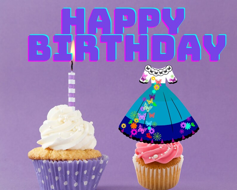 May include: Two cupcakes decorated for a birthday. One cupcake has a white frosting with a lit candle and a purple and white striped candle. The other cupcake has pink frosting and a blue and white dress with butterflies and flowers on top. The background is purple. The text "Happy Birthday" is in purple with a blue outline.