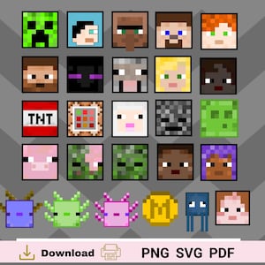 Mine Craft Patterns für Deine Pixelwelten. 26 Block-Designs, Themen-Videospiel-Partys. Digitale pixelige Blockdesigns. Blockköpfe