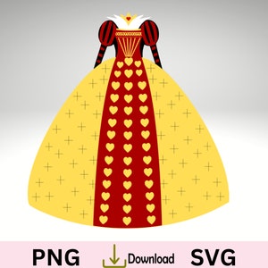 Alicia en el país de las maravillas, vestido de la Reina de corazones SVG, adorno para cupcakes de corazones. Chica mala. Reina malvada SVG,