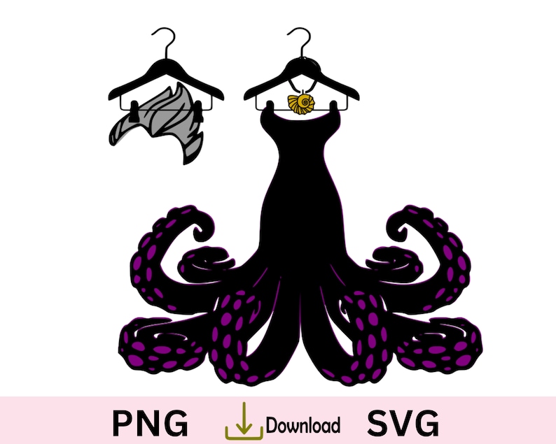 May include: A black silhouette of an octopus wearing a black dress with a gold necklace. The octopus has purple tentacles with white spots. The dress is hanging on a black hanger.