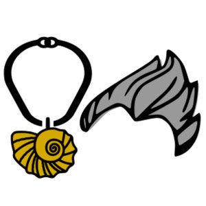 May include: A gold seashell pendant necklace with a black chain. The seashell has a spiral design and is attached to a black chain with a clasp.