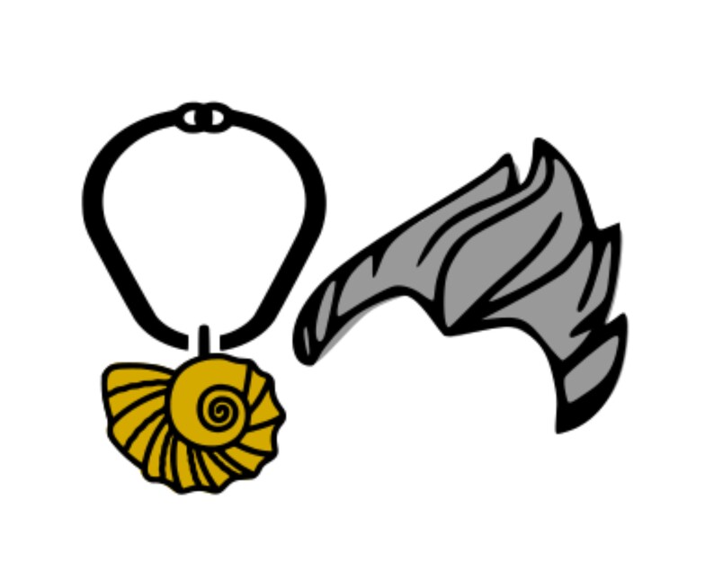 May include: A gold seashell pendant necklace with a black chain. The seashell has a spiral design and is attached to a black chain with a clasp.