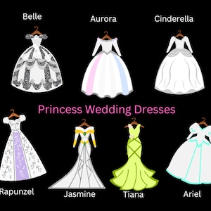 Könnte beinhalten: Illustration von acht Prinzessinnen-Hochzeitskleidern, jedes mit einem Kleiderbügel und einem Namensschild: Belle, Aurora, Cinderella, Rapunzel, Jasmine, Tiana, Ariel. Die Kleider sind in verschiedenen Farben und Stilen gehalten, darunter Weiß, Silber, Lila, Grün und Blau.