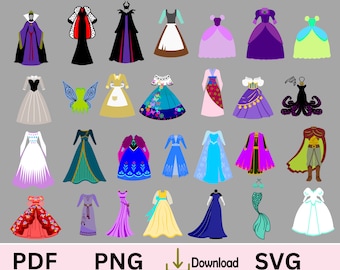 Princess Dress SVG, Princess Bundle, 28 dresses for Princess Paper crafts and party Decor.