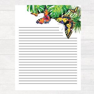 JW Letter Writing Paper Digital Download Lined Tropical Butterfly JW Letter Head