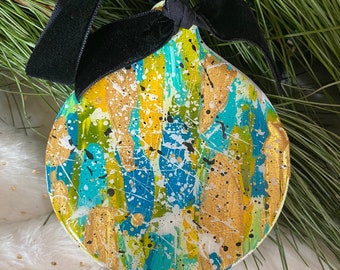 Hand painted ceramic disc ornament, abstract painting Christmas ornament, unique tree ornaments