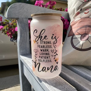 NANA Glass libbey cup, iced coffee cup, NANA coffee cup, NANA gift, personalized cup with straw and lid, stocking stuffer, Christmas gift.