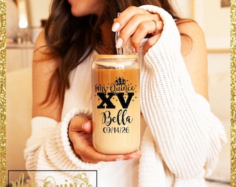 Personalized Mis Quince Glass cup with name & date, Quinceañera coffee cup, personalized glass cup with straw and lid, Quince gift.