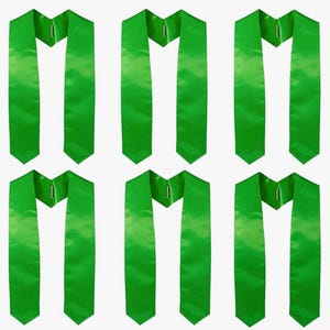 May include: Six bright green graduation stoles. Each stole is made of a smooth, shiny fabric and has a V-neck design. The stoles are a vibrant shade of green, suitable for graduation ceremonies. The stoles are arranged in a symmetrical pattern.