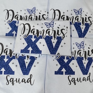 Includes FREE personalization, Quinceañera Squad custom tees with butterfly, quince tees, quinceañera gift, camiseta para quinceañera.
